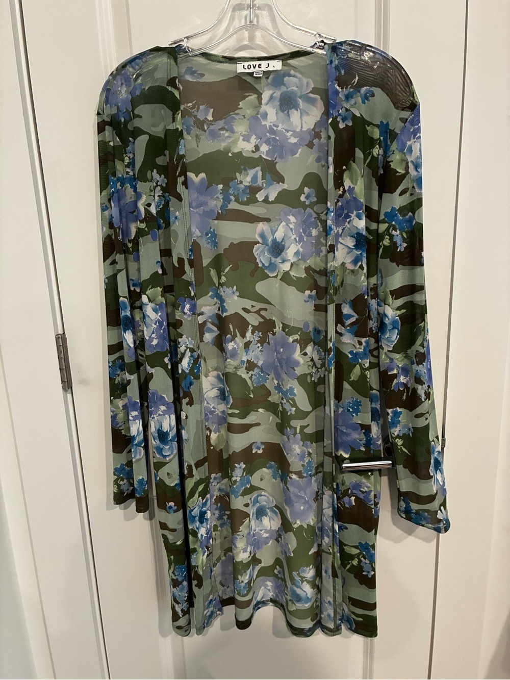 love J Green Camouflage Floral Open Cardigan with Blue Flowers